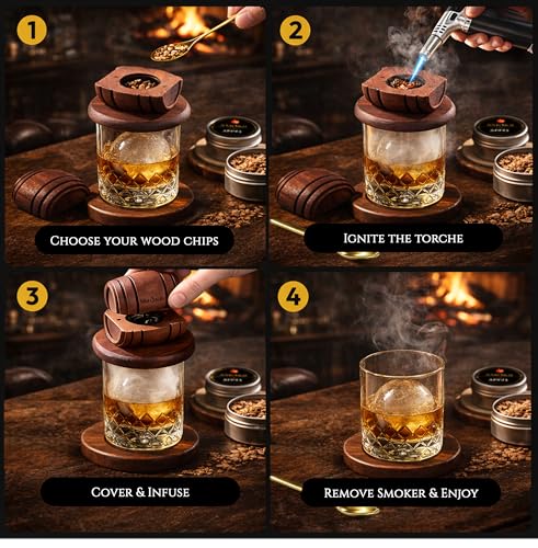 Whiskey Smoker Kit – Premium Infuser Set, 2 Glasses, 2 Ice Ball Molds, 6 Stainless Stones, 6 Wood Chips Flavors & Torch – Old Fashioned Drink Cocktail Lovers, Gift Men Dad (No Butane)