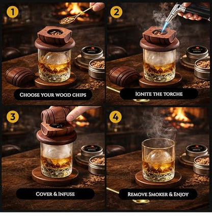 Whiskey Smoker Kit – Premium Infuser Set, 2 Glasses, 2 Ice Ball Molds, 6 Stainless Stones, 6 Wood Chips Flavors & Torch – Old Fashioned Drink Cocktail Lovers, Gift Men Dad (No Butane)