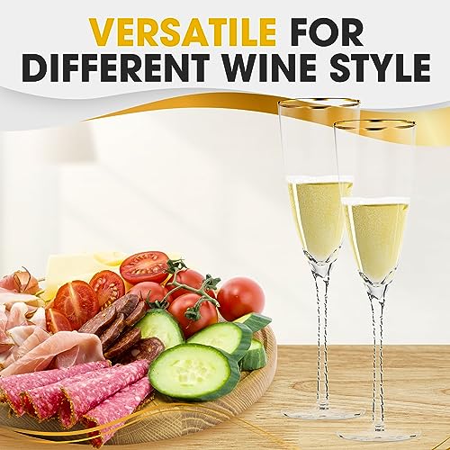 Premium Crystal Champagne Flutes - Set of 2 Elegant Glass Champagne Glasses with Twisted Stem & Gold Rim - 10.6 oz Flute Glasses for Weddings, Parties & Special Celebrations