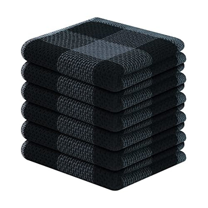 Homaxy 100% Cotton Check 6 Pack Dish Cloths, 12" x 12", Black & Grey | Waffle Weave, Plaid, Super Soft and Absorbent Dish Rags, Quick Drying, Multi-Purpose - color: Black & Grey, size: 12 x 12 - 6 Pack