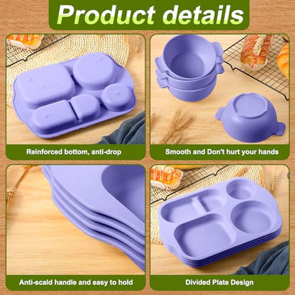 Honoson 24 Pcs Wheat Straw Dinnerware Cutlery Set, Service for 4, Unbreakable Plates and Bowls Set - Divided Plates, Bowls, Spoons, Forks & Knives, Microwave & Dishwasher Safe(Light Purple) - color: Light Purple
