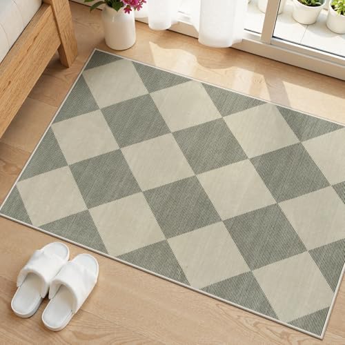 Beeiva Checkered Washable Entryway Rug 2x3, Non Slip Ultra Thin Green Front Door Mat Indoor Entrance Low Pile Small Kitchen Rug, Moroccan Contemporary Decor Neutral Accent Carpet for Bedroom Bathroom - color: Green/Grey, size: 2' x 3' (Rectangular)