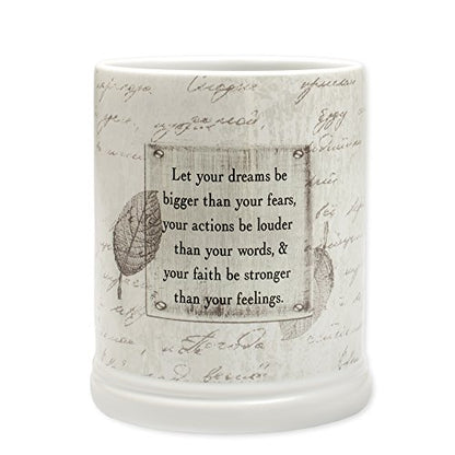 Elanze Designs Dream Bigger Actions Louder Faith Stronger Grey Leaves White Ceramic Stone Jar Warmer - size: Large Jar