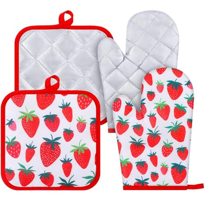 4 Pcs Oven Mitts and Pot Holders Cute Strawberry Oven Gloves and Pot Holders Non Slip Heat Resistant Ovens Mitts for Cooking Baking Accessories Fruit Themed Kitchen Linens, 6"x12"
