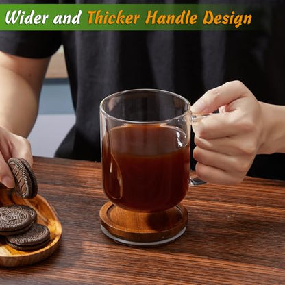 DRASTAR Glass Coffee Mugs,Clear Coffee Cups, Coffee Mug with Acacia Wood Lid, Tea Glass Cups with Handles, Large Coffee Mug Set of 2, Glass Coffee Cups for Latte, Espresso, Tea (2, 16 oz) - size: 16 oz