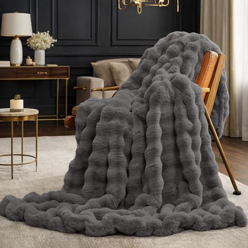 Cozy Bliss Faux Fur Bubble Throw for Couch, Fuzzy Soft Plush Thick Blanket for Sofa Bed Gift, 50x60 Inches Charcoal Grey - color: Charcoal Grey, size: Throw(50" x 60")