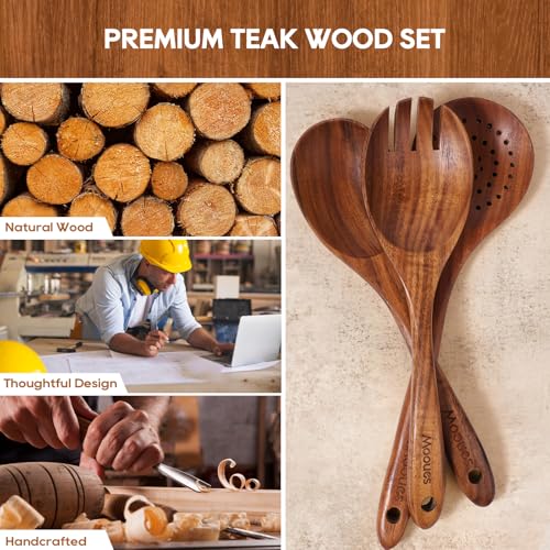 Mooues Wooden Spoons for Cooking Wooden Utensils for Cooking | Natural Teak Wooden Kitchen Utensils Set Comfort Grip (8 PCS SET) - size: 8 PCS SET