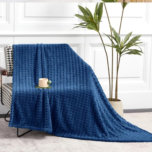 Soft Cozy Fuzzy Fleece Queen Size Blanket, Waffle Navy Blue, 90x90 Inches – Lightweight, Fluffy, and Warm 3D Jacquard All-Season Blanket for Bed, Couch, Sofa, Camping, and Travel - color: Waffle Navy Blue, size: Queen (90" x 90")