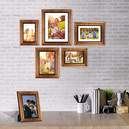XUANLUO 5x7 Picture Frames Set of 4 Rustic Retro Photo Frame with HD Plastic Cover for Wall Mount and Tabletop Display Family Friends Wedding Gift - color: Gold-4pcs, size: 5 x 7 inch