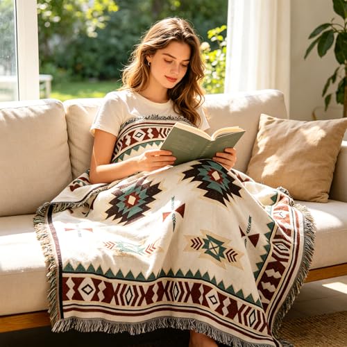 Samboo Mexican Blanket 50×60 Inch, Boho Native American Woven Throw Blanket for Couch Sofa Bed Camping Picnic Beach, Soft Lightweight Durable Machine Washable Decorative Blanket with Tassels