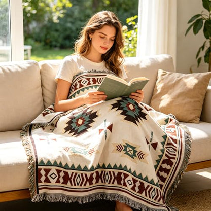 Samboo Mexican Blanket 50×60 Inch, Boho Native American Woven Throw Blanket for Couch Sofa Bed Camping Picnic Beach, Soft Lightweight Durable Machine Washable Decorative Blanket with Tassels