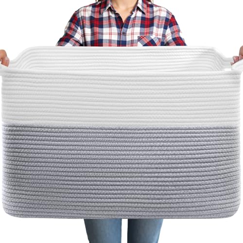 75L Large Blanket Storage Basket with Handles - White & Gray | Extra-large blanket baskets. Soft cotton, foldable, washable.Holds blankets, pillows for living room, bedroom, dorm. - color: Gray & White, size: 22" X 17" X 12"