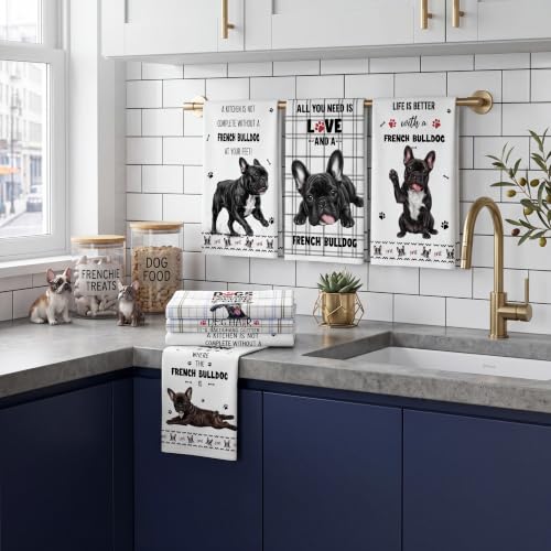 Redbaker 6 Pcs Funny French Bulldog Kitchen Towels | Cute French Bulldog Dish Towel, Dog White and Black Hand Dishcloth with Hanging Loop for Dog Owners Lover Housewarming Gift - style: French Bulldog