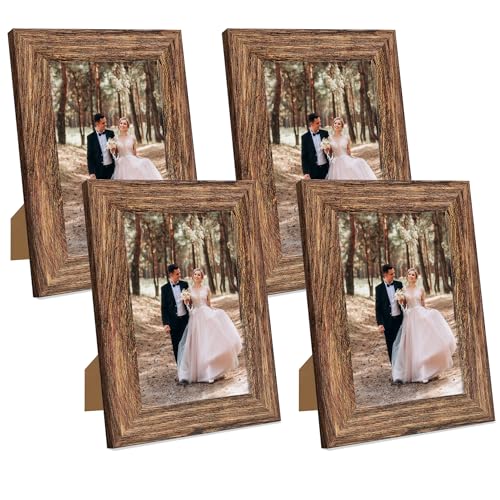 iRahmen 5x7 Picture Frame Set of 4, High Definition Glass Brown Frame, 5 x 7 Wood Rustic Photo Frames for Horizontal or Vertical Table Top and Wall Mounting - color: Brown, size: 5X7