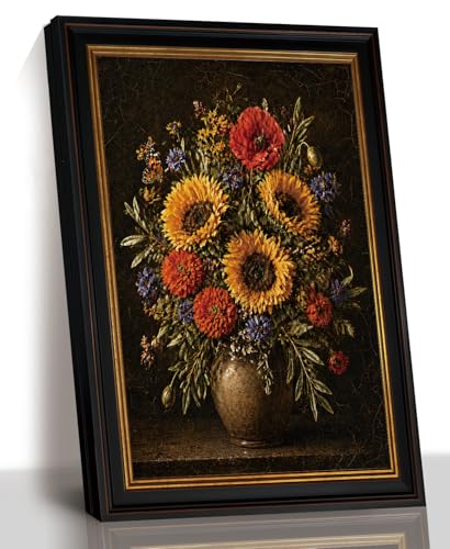 Vintage Sunflower Wall Art, Black Gold Trim Framed Canvas, 12 x 16 In | Black frame with gold-tone trim highlights a sunflower bouquet for living rooms, kitchens, bedrooms, or entryways. - color: Sunflower Bouquet, size: 16"L x 12"W