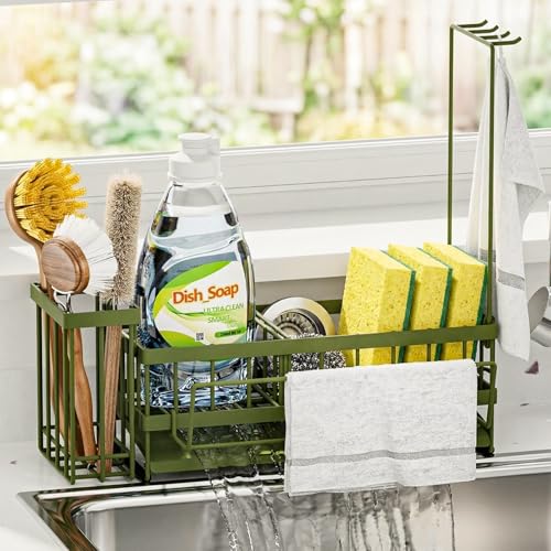 Kitchen Sink Organizer, Stainless Steel Sponge Holder, Green | Rust-Resistant Steel, Detachable Draining Board, Compartment Divider, Brush Holder & Towel Bar, Ideal for Kitchen Storage - color: Green
