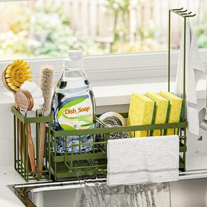 Kitchen Sink Organizer, Stainless Steel Sponge Holder, Green | Rust-Resistant Steel, Detachable Draining Board, Compartment Divider, Brush Holder & Towel Bar, Ideal for Kitchen Storage - color: Green