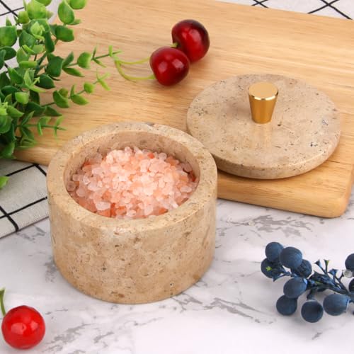 Marble Salt Cellar with Lid, Mud Yellow, 4 inch | Natural Stone, Salt Pepper Box, Gold Alloy Handle, Kitchen Countertop Storage, Multi-Use, Sugar Spice Seasoning Container - color: Mud yellow