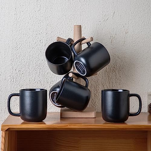 AmorArc 14oz Coffee Mugs Set of 6, Ceramic Coffee Mugs with Large Handle & Wavy Rim for Latte/Hot Cocoa/Tea, Stylish Coffee Mugs for Men Women. Oven,Dishwasher&Microwave Safe, Matte Black - color: Matte Black