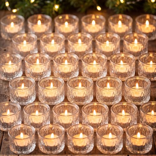 Mumufy 50 Pack Clear Tealight Candle Holders, Glass Votive Candle Holders | Vintage Style, Fits Wedding Centerpieces, Christmas Birthday Party Supplies, Baby Showers, and Romantic Dinner Home Decor