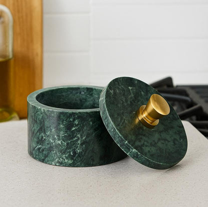 Marble Salt Cellar with Lid and Golden Knob | Natural Stone Salt Box for Kitchen Counter and Dining | Marble Spice Jar Holder for Cooking, Tabletop, and Countertop Storage (4X3.5 Inch, Green) - color: Green with Golden Knob