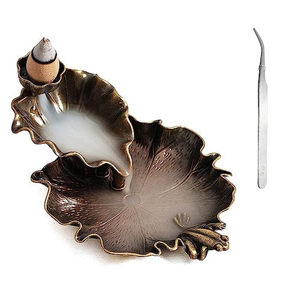 Waterfall Incense Cone Holder Lotus and Frog Bronze Backflow Insense Burner Metal Incense Holder Aromatherapy Ornament Home Decoration