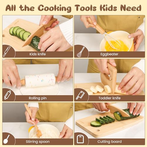 LUOLAO Wooden Kids Safe Knife and Toddler Baking Set for Real Cooking 6 PCS | Montessori Toddler Kitchen Tools, Cooking Cutting Board Set, Gift for kids, Safe & Effective, Teaching Real Kitchen Skills