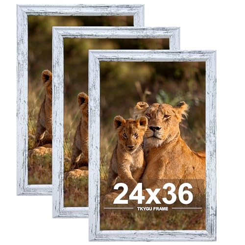 24x36 Picture Frame set of 3, Woode Frame Rustic White, Vertical & Horizontal Wall Hanging Large Studio Gallery Poster Frame for Photos, Posters - Art Prints best gift - color: Rustic White -3PCS, size: 24x36in