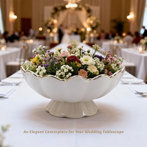 White Small Decorative Bowl 8 Inch Ceramic Key & Fruit Bowl Ruffle Lotus Shape with Gold Rim Candy Bowl, Multi-Use Centerpiece Pedestal Bowls for Kitchen Counter, Coffee Table, Entryway, Wedding