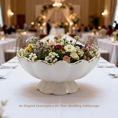 White Small Decorative Bowl 8 Inch Ceramic Key & Fruit Bowl Ruffle Lotus Shape with Gold Rim Candy Bowl, Multi-Use Centerpiece Pedestal Bowls for Kitchen Counter, Coffee Table, Entryway, Wedding