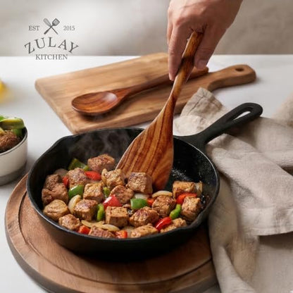Zulay Kitchen Extra-Large 5-Piece Wooden Spoon Set - Smooth Teak Cooking Utensils - Comfort-Grip Non-Stick Turner, Spatula, Skimmer, Fork, Serving Spoon - size: 5 Piece | Large