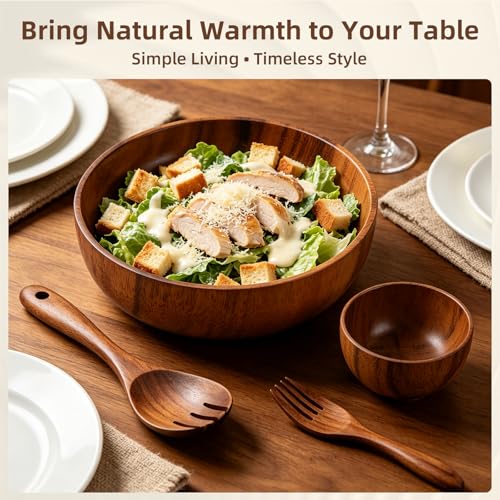 Acacia Wood Salad Bowl Set (4-Piece) | Wooden Bowls,Safe for Warm Food,Durable & Easy to Clean,Everyday Kitchen Use,Serving Bowls for Party