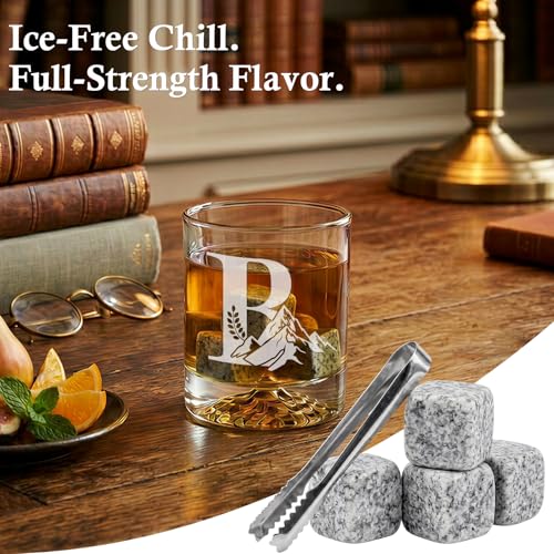 Personalized Whiskey Glass Gift Set for Men – Monogrammed Initial Rocks Glass with Slate Coaster, Wooden Box & Whiskey Stones, Birthday Father's Day for Him Dad Husband (B) - style: B