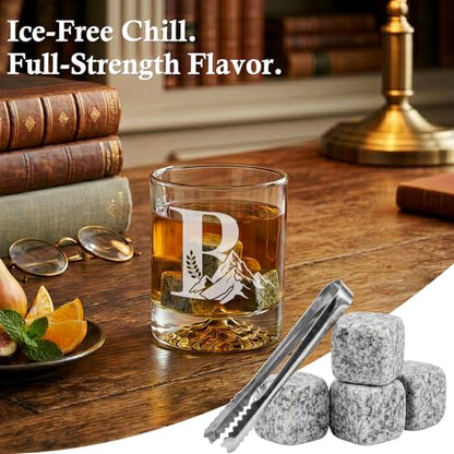 Personalized Whiskey Glass Gift Set for Men – Monogrammed Initial Rocks Glass with Slate Coaster, Wooden Box & Whiskey Stones, Birthday Father's Day for Him Dad Husband (B) - style: B