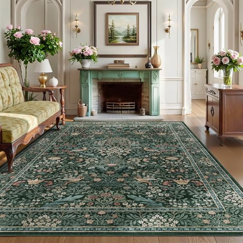 5x7 Washable Area Rug Non Slip Throw Rug for Living Room Green Blue | Soft Low-Pile Area Rug,Distressed Botanical Birds Carpet,Foldable Stain Resistant Area Rug for Farmhouse Dining Room Office - color: Dark Green (Larger Pattern), size: 5' x 7' (Rectangu