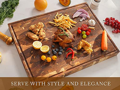 Acacia End Grain Wood Cutting Board 24x18x2 In Thick Butcher Block | Wooden Cutting Boards for Kitchen with Deep Juice Groove Thick End Grain Wooden Butcher Block Built-in Handle, Non-Slip Mat - size: 24"L x 18"W