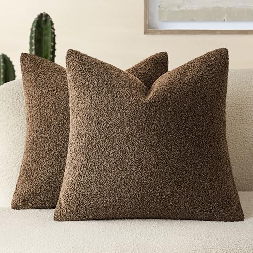 Foindtower Pack of 2, Curly Faux Fur Decorative Throw Pillow Covers Soft Fuzzy Plush Cushion Case with Zipper Cozy Pillowcase for Home Living Room Couch Bed Sofa 18 x 18 Inch,Dark Brown - color: Dark Brown, size: 18" x 18" (Pack of 2)