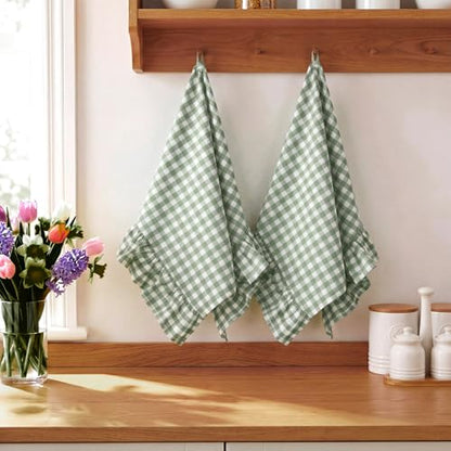 HunnmingRe Green Kitchen Towels Set of 2, 100% Cotton Ruffled Gingham Dish Towels 18"x28" Absorbent Tea Cloths Classic Plaid Pattern for Farmhouse Charm, Drying Dishes, Entertaining Guests - color: Green, style: Gingham