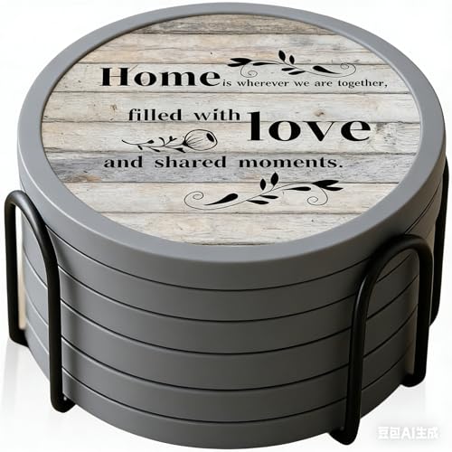 Absorbent Coasters for Drinks with Holder, Set of 6 Farmhouse Coasters, Silicone Coaster with Soft Felt Insert, Round, Housewarming Gifts - color: Farmhouse Style-02
