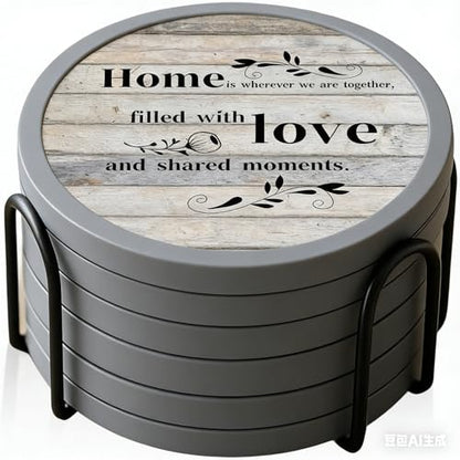 Absorbent Coasters for Drinks with Holder, Set of 6 Farmhouse Coasters, Silicone Coaster with Soft Felt Insert, Round, Housewarming Gifts - color: Farmhouse Style-02