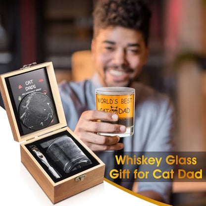 Bayelove Cat Dad Gifts, Best Gift for Dad, Gift with 12oz Whiskey Glasses, Stones, Coaster, Wooden Box for Catfather - color: Cat Dad