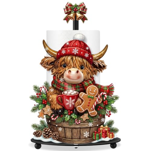 Highland Cow Christmas Paper Towel Holder with Round Base Christmas Bathroom Decor Rustic Highland Cow Dispenser Kitchen Paper Holder Stand for Countertop Toilet Home Accessories - style: Gingerbread Christmas
