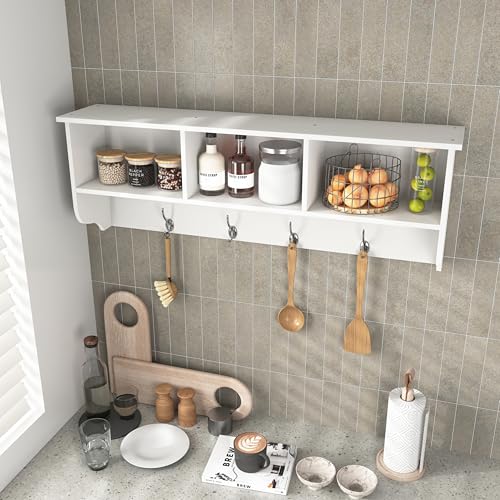 Wall Mounted Coat Rack Shelf,4 Dual Hooks,3 Cubbies,White | 4 dual nickel finish hooks.3 built-in cubbies plus shelf.Holds 55 lbs,MDF,smooth laminate finish.Easy clean,hardware included - color: White