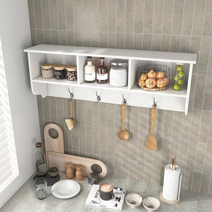 Wall Mounted Coat Rack Shelf,4 Dual Hooks,3 Cubbies,White | 4 dual nickel finish hooks.3 built-in cubbies plus shelf.Holds 55 lbs,MDF,smooth laminate finish.Easy clean,hardware included - color: White