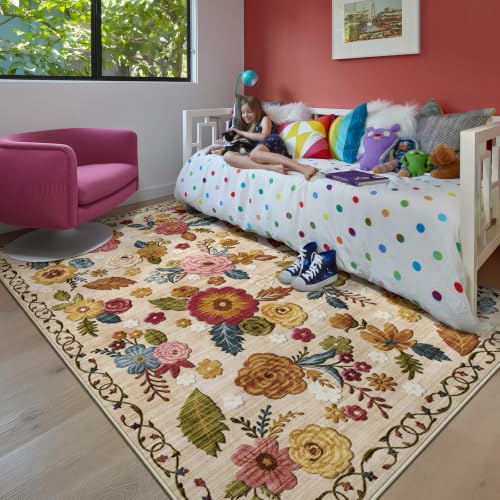 Washable 5x7 Area Rug, Beige Boho Floral Non-Slip for Living Room, Bedroom | Soft Low-Pile Faux Wool Indoor Farmhouse Carpet for Nursery, Dining Room, Kid & Pet Friendly, Stain, Fade & Wear Resistant - color: Beige, Cream, Mustard, Brick Red and Blue, siz