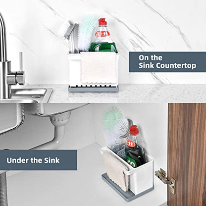 JOMOLA Kitchen Sink Organizer Dish Brush Sponge Holder Caddy Toothbrush Holders for Bathrooms Sinkware Kitchen Utensil Holder Sink Caddy Organizer with 4 Separate Dividers Removable Drain Tray (Grey) - color: Gray