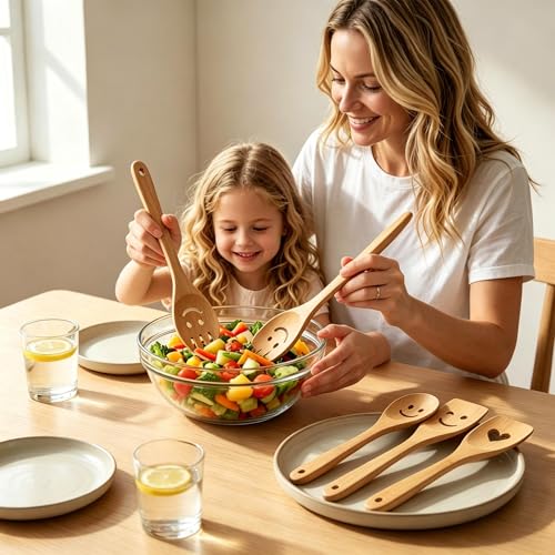 Smiley Face Wooden Spoons Set, 5-Piece Organic Bamboo Cooking Utensils | Cute Kitchen Gadgets with Smooth Splinter-Free Finish, Heat Resistant Funny Spatula for Daily Cooking & Gifting