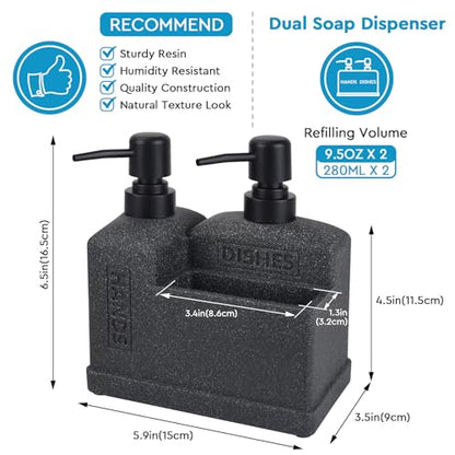 Kitchen Hand Soap and Dish Soap Dispenser Set,Dual Soap Dispenser with Sponge Holder 3-in-1 Organizer for Kitchen Sink,Bathroom,Useful Kitchen Gadgets - Black - color: 3 in 1 - Black