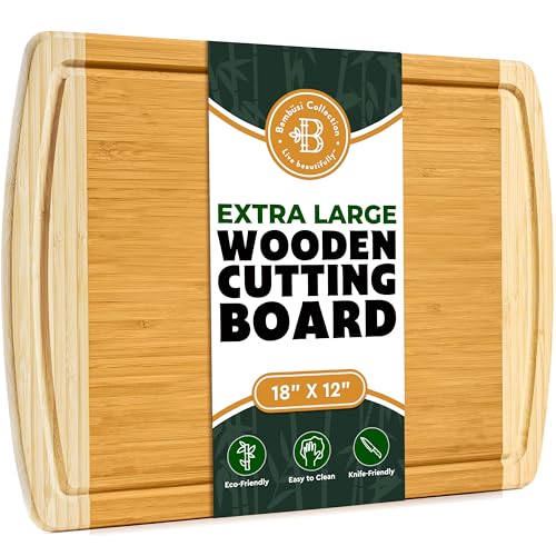 Bamboo Cutting Board Extra Large - 18 Inch XL Wood Chopping Board with Vertical Grain Strength, Lightweight Non Toxic Board for Meat, Vegetables, Bread, Cheese, Charcuterie, Kitchen Prep Serving Gift - size: 18"L x 12"W