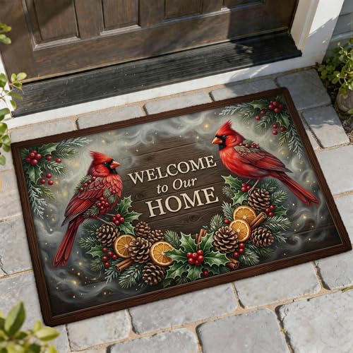 Cardinal Welcome Door Mat, Seasonal Rustic Pinecones Holly Winter Red Skid Resistant Decorative Doormat for Home Indoor Outdoor Entryway Porch Decor 29x17 Inch